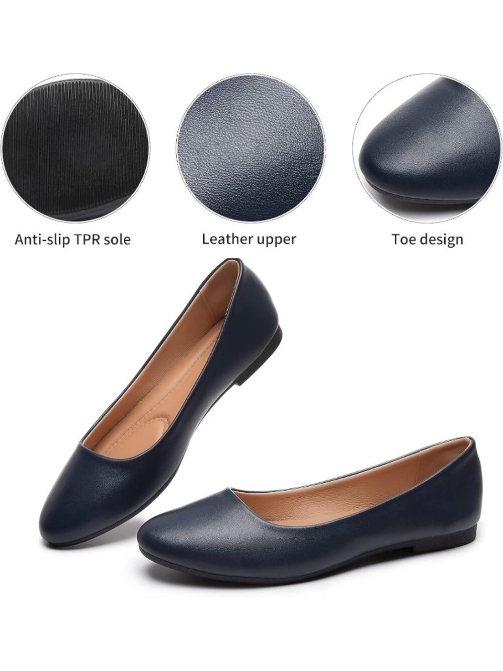 Women's Navy Blue Leather Ballet Flats Slip On Comfortable Classic Dress Shoes - Picture 4 of 6